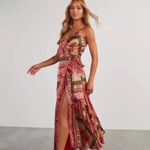 VICI Jazz It Up Satin Printed Wrap Maxi Dress